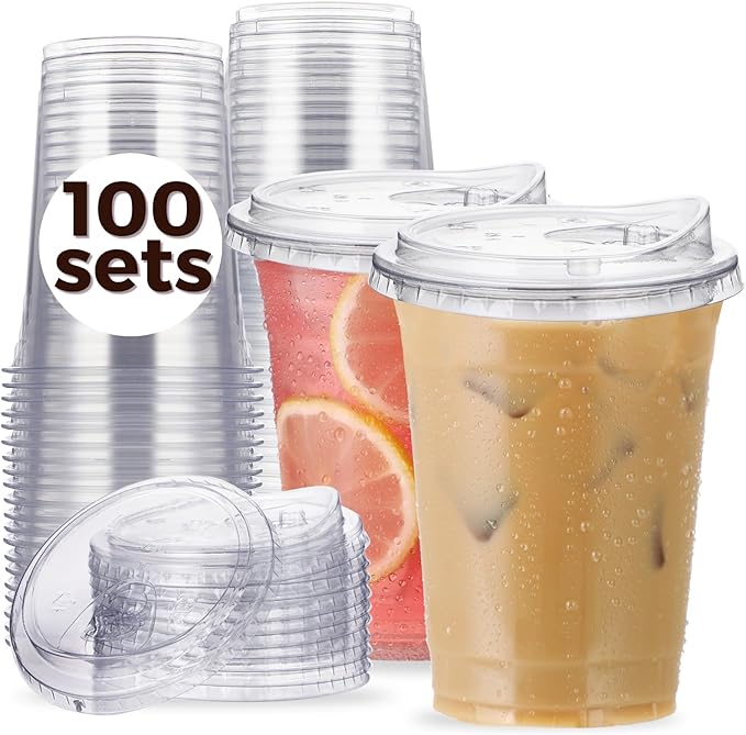 100 Pack 16 oz Clear Plastic Cups with Strawless-Sip-Lids, Disposable Cups Plastic Iced Coffee Cups, To Go Cups with Sip Through Lids for Smoothie, Milkshake, Cold Drinks for Party, Wedding, Event