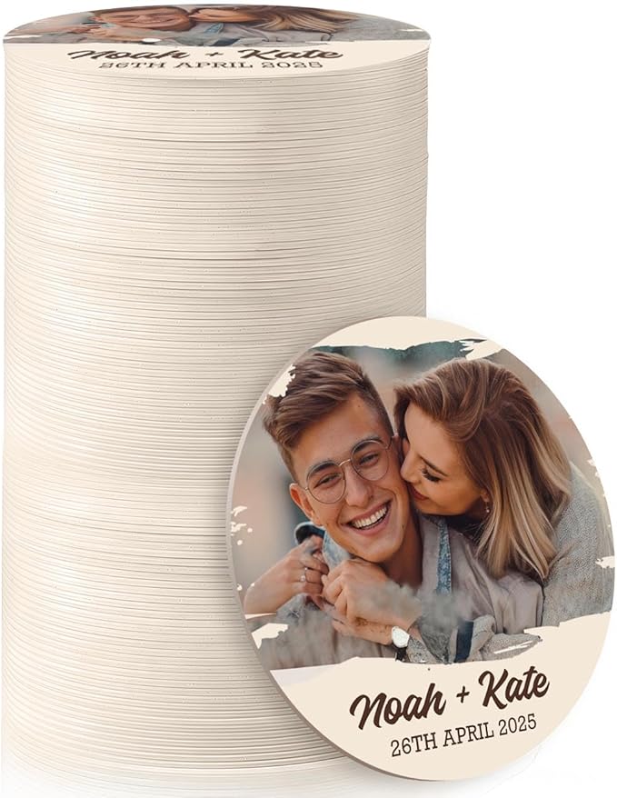 100 Pack Personalized Wedding Coasters, Custom Cardboard Coasters for Drinks with Photo Print and Text, Keepsake Wedding Favors and Gifts for Couples, 3.95" Round (Design 6)