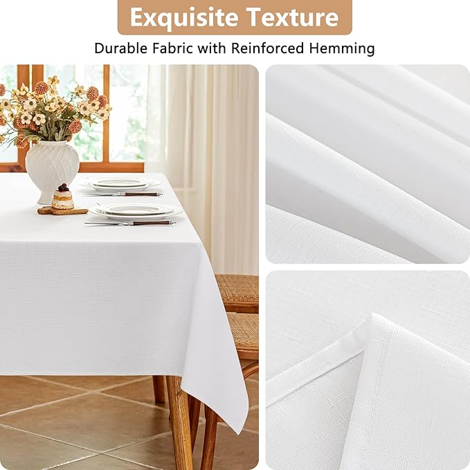 Textured White Fabric Table Cloth Rectangle Spill Proof & Reusable Faux Linen Tablecloth for 8 Foot Rectangular Table Easy Clean for Dining Banquet Wedding 54 x 108 Inch