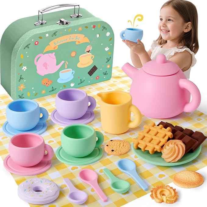 Silicone Tea Sets for Toddlers 3-5, Pretend Play Kitchen Accessories Birthday by Golray