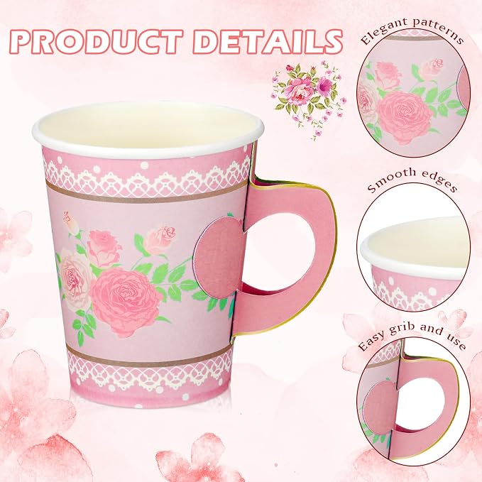 FillTouch 200 Sets Floral Paper Tea Cups and Saucers Disposable Paper Tea Party - Image 5
