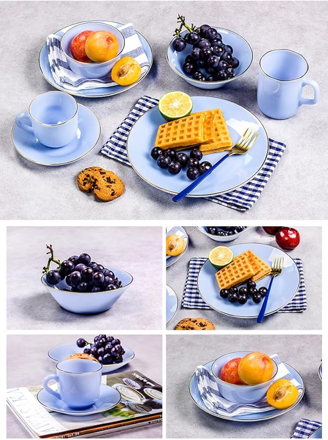 9-Inch Glass Dinner Plates Set of 6 – Elegant Blue with Gold Trim and Non-Slip Base, Handcrafted for Family Dining, Entertaining, or Gifts