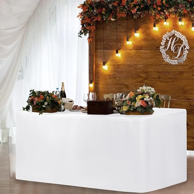 HolidayIdeas 2 Pack Fitted Tableclothes - 60 x 30 Inch - White Rectangle Tablecloths for 5 Foot Tables, Fabric Table Cover Protector for Parties, Holiday Dinner, Wedding, Trade Show