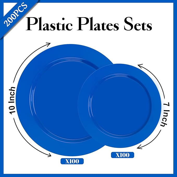 I00000 200 Pcs Plastic Plates, Plates Disposable Blue Party Plates Include 100 Blue Dinner Plate 10’’ and 100 Plastic Dessert Plate 7’’ Perfect for Wedding, Party