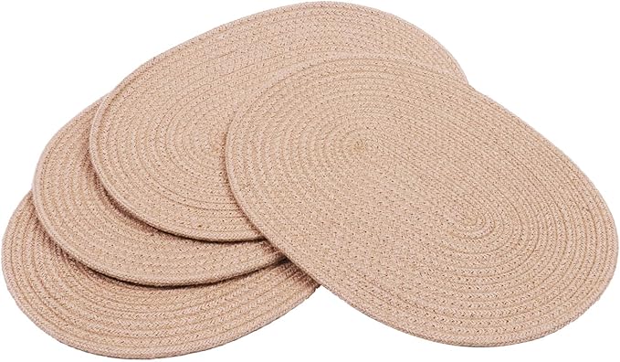 Braided Placemats Set of 4 Cotton Fabric Oval Table Mats Non Slip Washable 16 * 12 inch Oval Place Mats, 4 Pack Jute Woven Placemats