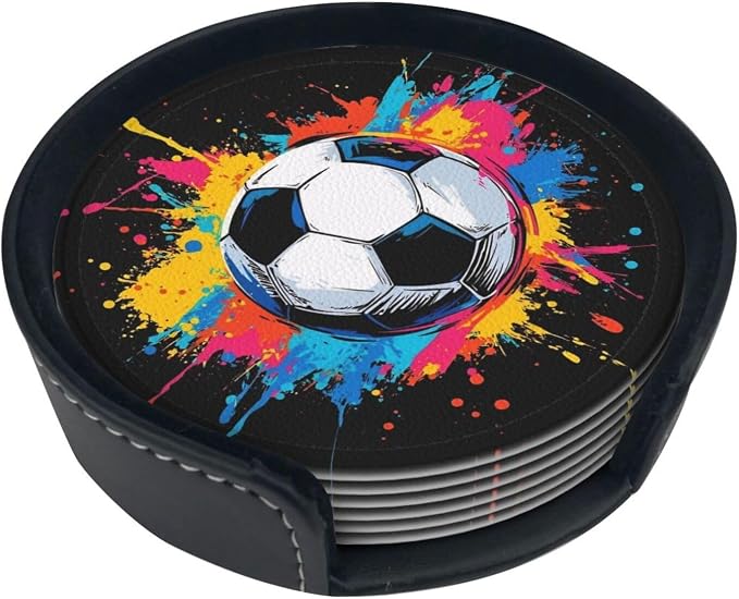 Colorful Soccer Sport Leather Coasters Set of 6 by Nameapo