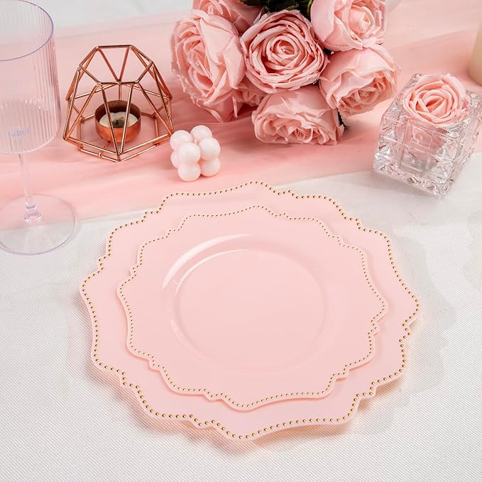 COLOSUS 60Pcs Disposable Plastic Plates Set, Gold Pink Party Plates, 30pcs Dinner Plates and 30pcs Salad/Dessert Plates for Wedding, Party, Anniversary, Daily Use,Valentine's Day