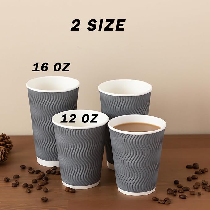 Coffee Cups 12 oz 120 Pack, Corrugated Insulated Ripple Wall Disposable Paper Coffee Cups 12oz, To Go for Hot Beverage or Cold Drinks Office/Home/Cafe/Party/Travel (Gray) | Corrugated, Insulated, Ripple Wall, Disposable, 12oz, To Go