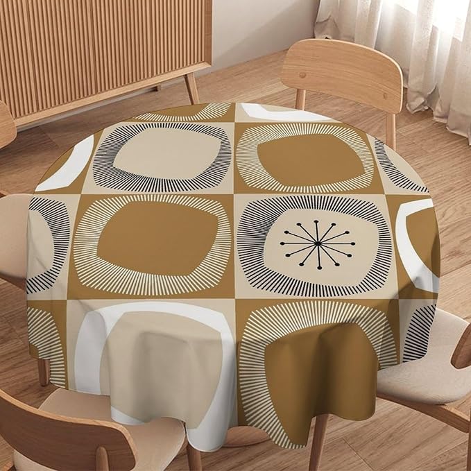 Mid Century Round Tablecloth, Retro Geometric Colorful Squares Abstract Boho Vintage 50s 60s Tablecloth for Home Party Dining Room Kitchen Decor 70Inch(178cm)