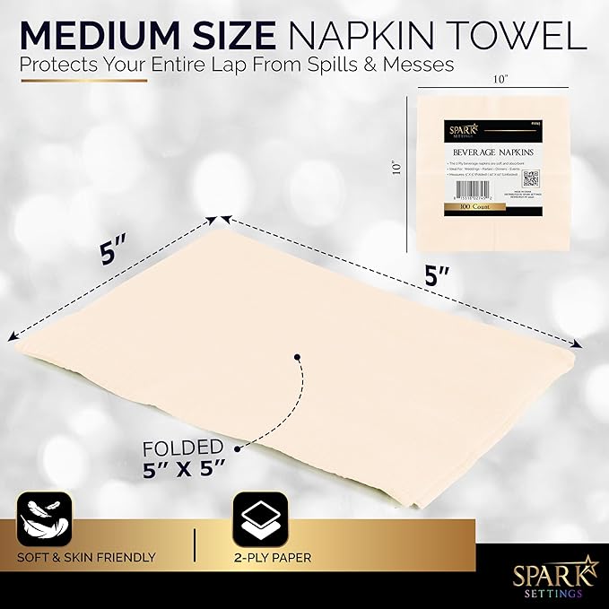 100 Pack Ivory Beverage Napkins, Big Party Pack, 2 Ply, Ideal for Wedding, Party, Birthday, Dinner, Lunch, Cocktails. (5” x 5”) by Amcrate