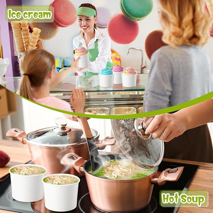 Fulmoon 100 Pack Paper Soup Containers with Lids Disposable Paper Food Containers with Vented Lid Kraft Ice Cream Cake Dessert Cups Soup Bowl for Party Hot Food Fruit Microwave(12 oz,White)
