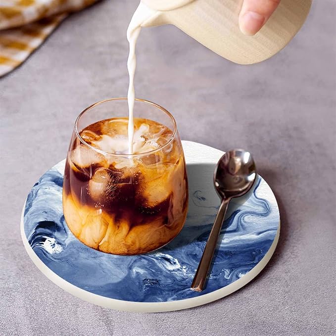 Blue Wave Creative Liquid Cup Coasters for Table Marble Texture Abstract Ocean Mixed Ink Fluid Reusable Drink Coasters Set 2 Pcs Coffee Home Farmhouse Living Room Bar Decor