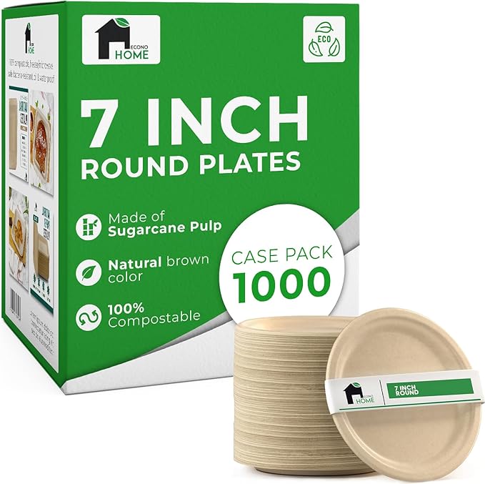 EconoHome 7 Inch Compostable Paper Plates - Eco-Conscious Disposable Plates Made of Bagasse or Sugarcane Fiber - Microwave, Refrigerator-Safe - Heavy Duty Paper Plates for Dinner - Case of 1000