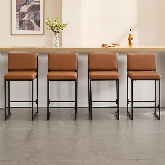 Modern Barstools Set of 2, 26” Upholstered Counter Height Bar Stools PU Leather Fabric Counter Stools with Padded Back Metal Frame for Kitchen Island Dining Room, Brown