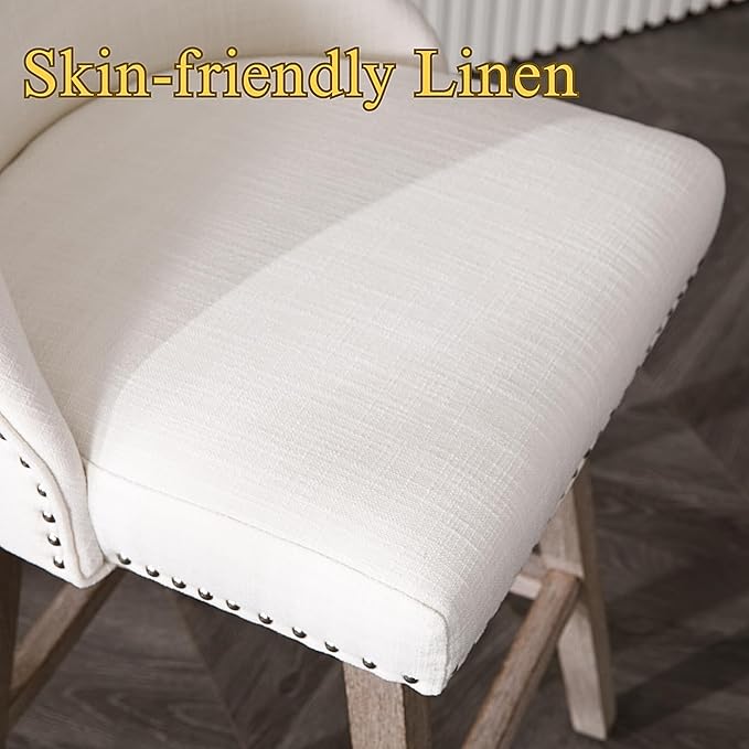 27.5" Counter Height Bar Stool, Linen Fabric Mid Century Modern Swivel Barstool with Back & Wood Legs Comfy Upholstered Counter Chair for Home Bar/Dining Room/Restaurant, Cream