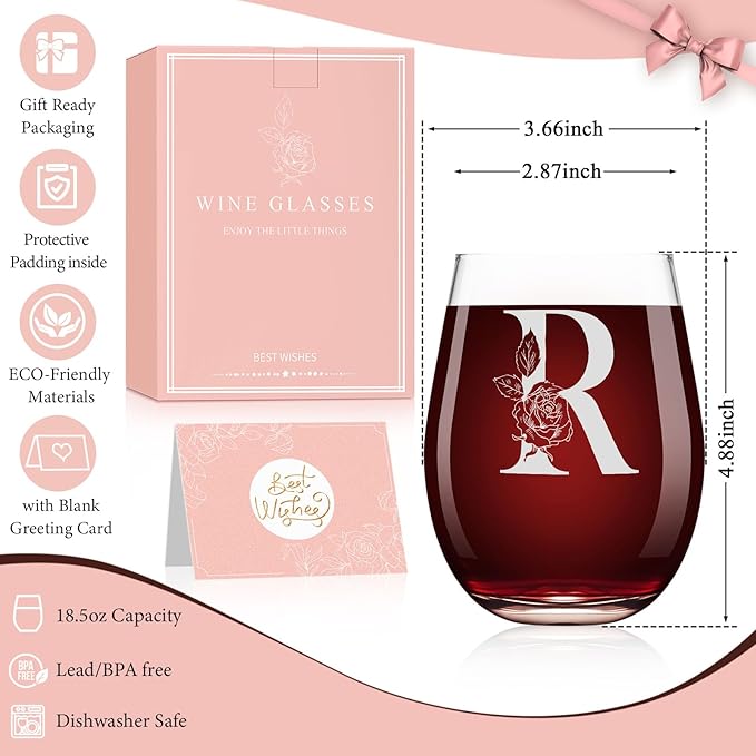 Valentines Day Gifts for Her, Gifts for Women Her Friend Mom Grandma Wife Sister Bridesmaid Nurse, Birthday Galentines Mothers Day Christmas, Personalized Initial Customized Wine Glasses 18OZ(R)
