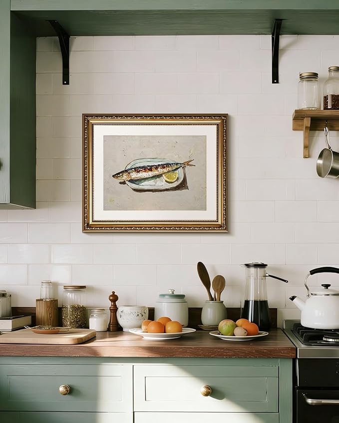 InSimSea Gold Framed Wall Art, Roasted Sardine Lemon Vintage Kitchen Wall Decor, Still Life Canvas Print Art, Dining Room Farmhouse Decor, Antique Paintings with Picture Frame 13x16inch