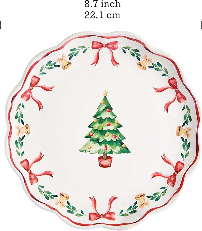 Bico Ribbon Christmas Scalloped Salad Plates Set of 4, 8.75 Inch Ceramic Dessert Plates for Salad, Appetizer, Side Dishes, Microwave and Dishwasher Safe, Gift for Housewarming and Christmas