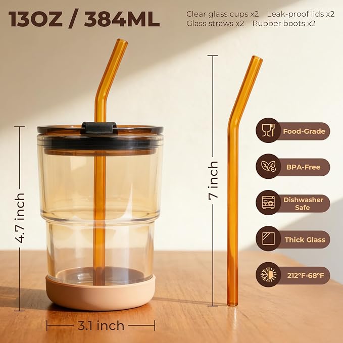 Zukro 13 oz Glass Cups with Lid and Straw 2 Pack, Non-Slip Rubber Bottom | Leak - Image 8