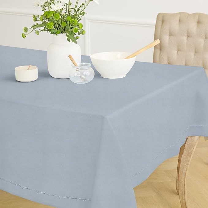 Solino Home Dusty Blue Linen Tablecloth 60 x 156 Inch - 100% Pure Linen Hemstitch Table Cloth for Rectangle Tables - Classic Hemstitch, Machine Washable Tablecloth for Winter, Spring, Easter