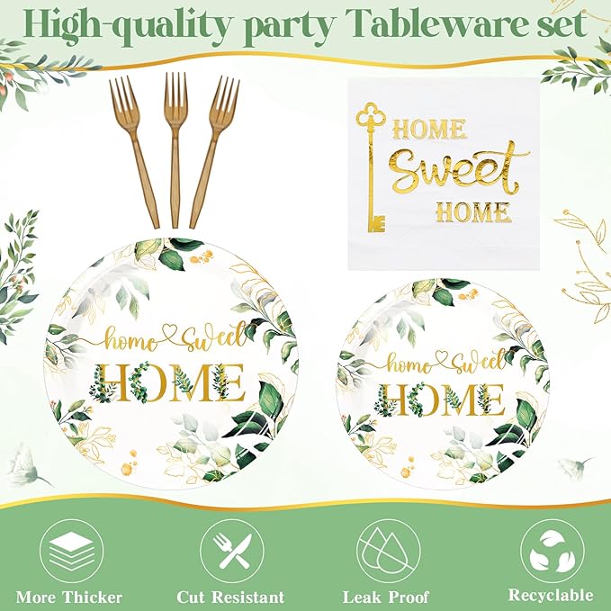 Zubebe 120 Pcs Housewarming Party Tableware Home Sweet Home Plates and Napkins Disposable Sets Rustic Leaves Floral House Warming for New House Wedding Party Supplies Serve 24 Guests(Classic Style)