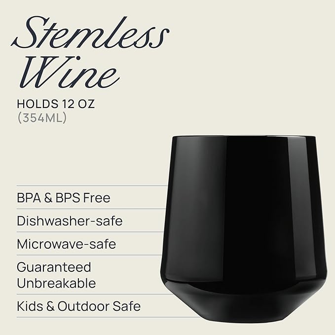 Drinique Unbreakable Stemless Wine Glasses - Set of 4 - Made in USA 12 oz Tritan Unbreakable Plastic Wine Glasses, Reusable for Indoor or Outdoor Use, BPA Free & Shatterproof, Black