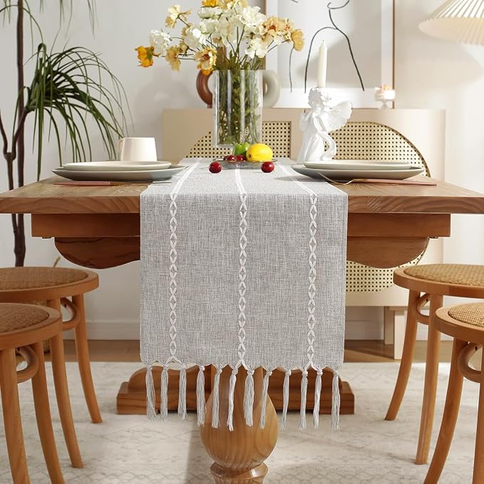 Wracra Rustic Linen Table Runner, Light Grey Table Runners 90 inches Long | by Wracra
