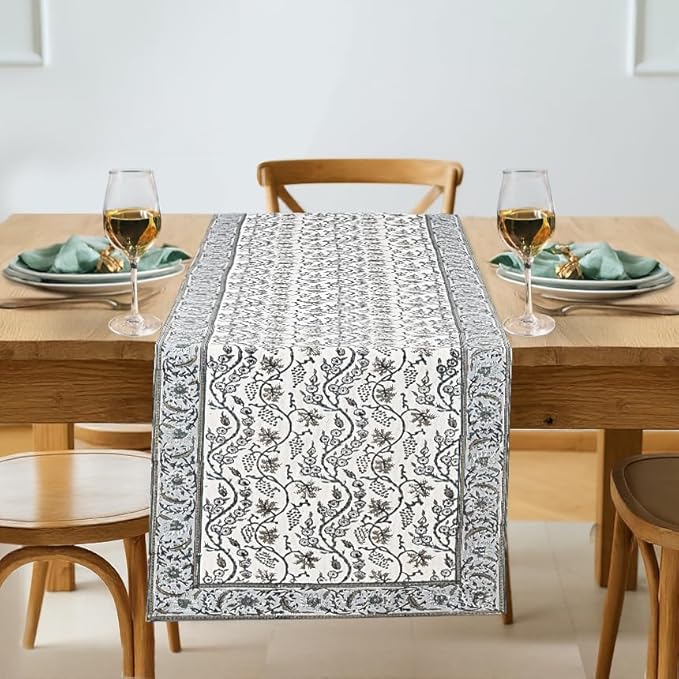 Baby Blue Eyes Hand Block Print 100% Cotton Reusable Table Runner 16" X 90" by Ridhi