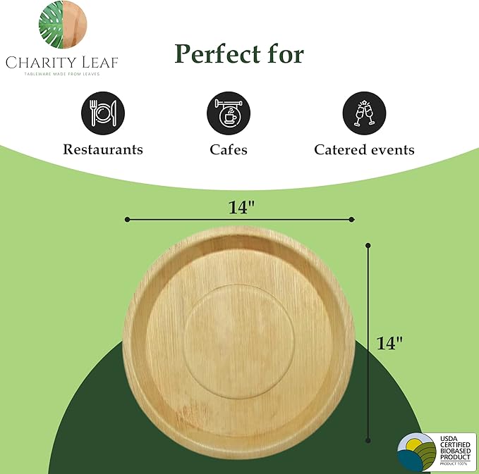 Charity Leaf Disposable Palm Leaf 14" Round Trays (25 pieces) Bamboo Like Serving Platters, Disposable Boards, Eco-Friendly Dinnerware For Weddings, Catering, Events
