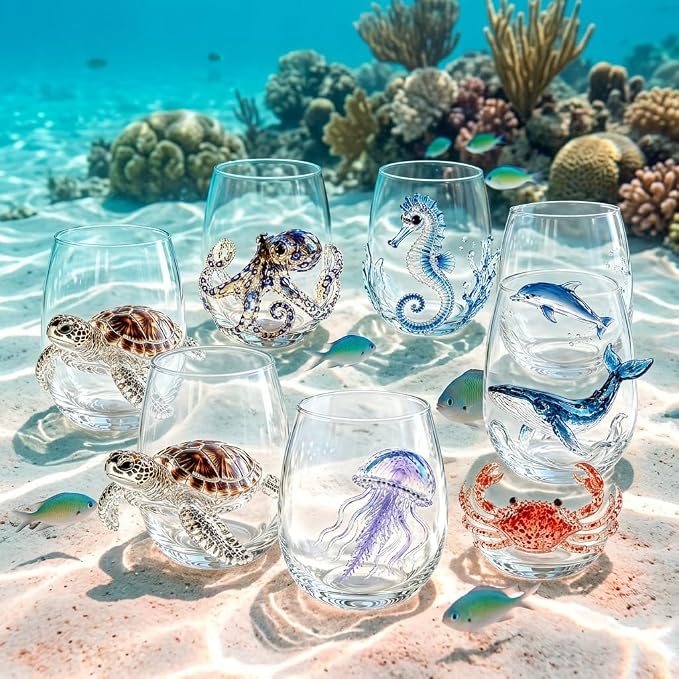 Artisanal Blue Ringed Octopus Glassware, 3D Ocean Glass Wine Glass，Set2 | - Image 7