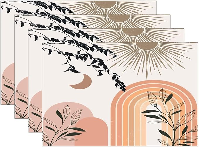 Mid Century Abstract Boho Placemats Geometric Leaf Sun Minimalist Modern Cafe Washable Place Mats 12x18Inch for Dining Kitchen Farmhouse Decor 6 PCS