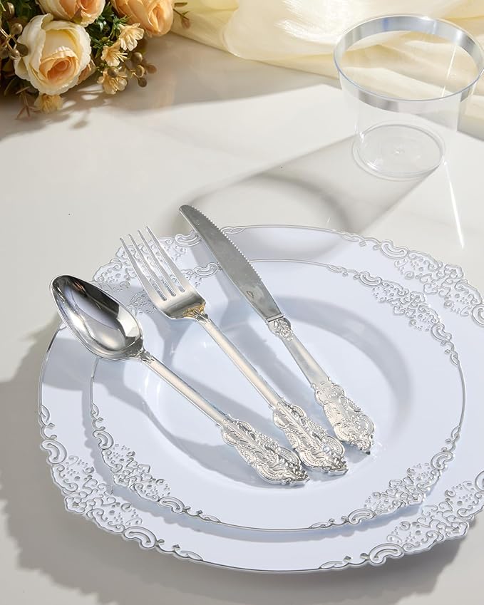 Goodluck 350 Piece Silver Plastic Dinnerware Set for 50 Guests, Fancy Disposable Plates, Include: 100 Silver Rim Plastic Plates, 150 Silverwares, 50 Pre Rolled Napkins, 50 Cups for Party, Wedding