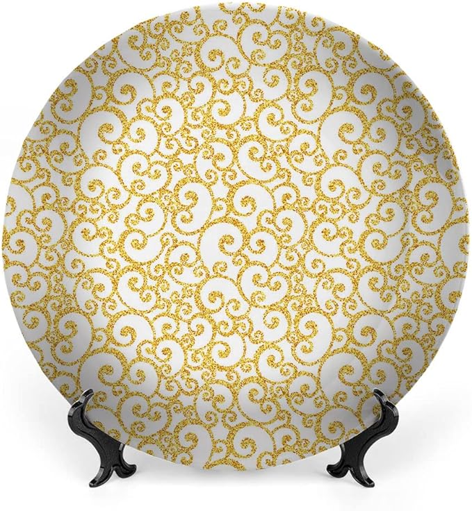 Ceramic Display Plate, Victorian Ceramic Hanging Decorative Plate, Swirling Lines Floral, 6 Inch, Living Room Kitchen Decoration Household, Golden