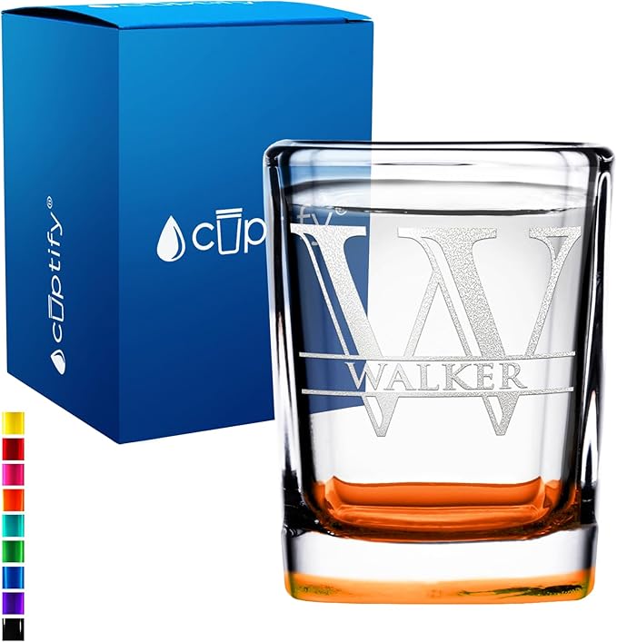 Personalized Square Shot Glasses Orange Bottom 2oz Engraved Initial and Name Custom Gifts, Weddings, Birthdays, Party, Event, Decorations