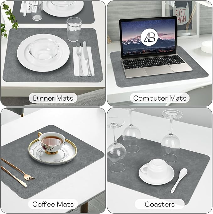 AAPLKER Faux Leather Placemats Set of 6, Vinyl Placemats Wipeable Waterproof Oil-Proof Table Mats, Heat Resistant Place Mats, Table Mats for Kitchen Indoor Outdoor, 16.9 x 11.8 inches (Grey)
