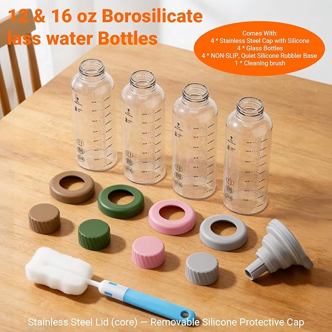 12 oz Glass Juice Bottles – 4 Pack Glass Water Bottles with Stainless Steel Lids – Leakproof, BPA Free, Heat-Resistant Borosilicate Glass for Juicing, Smoothies, Milk, Protein, Beverage Storage