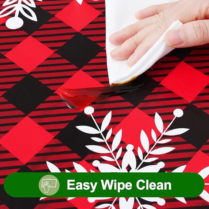 Smiry Plastic Christmas Tablecloth, Buffalo Plaid Waterproof Elastic Fitted Table Covers, Wipeable Flannel Backed Vinyl Tablecloths for Dinner, and New Year Celebration (Black & Red, 30x96 Inches)