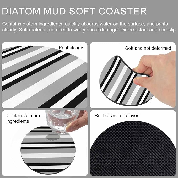 Black Gray Striped Coasters Set of 4, Contemporary Minimalist Lines Art Soft - Image 9