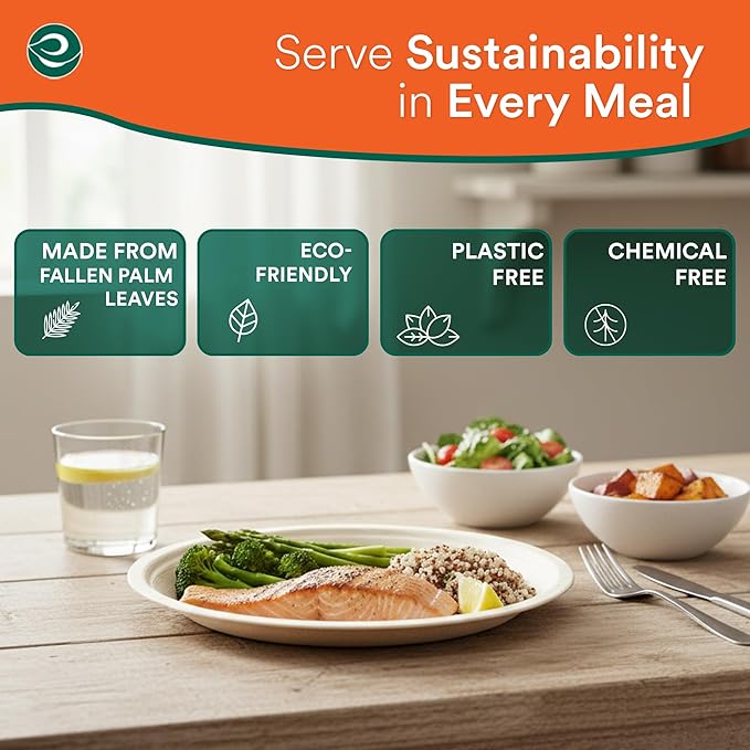 ECO SOUL Palm Leaf Plates 8"(200 Count) Round Compostable Bamboo Plates Heavy- Duty, Biodegradable Eco-Friendly Dinnerware for Christmas Party Dinner, Wedding, Holiday & Event