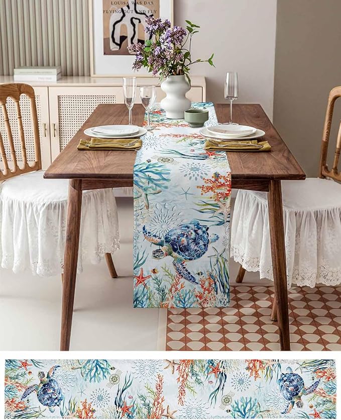 Sea Turtle Coastal Table Runners 120 Inches Long, Summer Beach Coral Table - Image 6