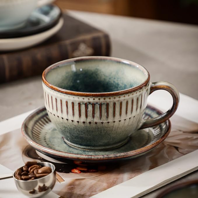 10Oz ceramic coffee cup and saucer sets, elegant striped pattern, unique kiln - Image 7