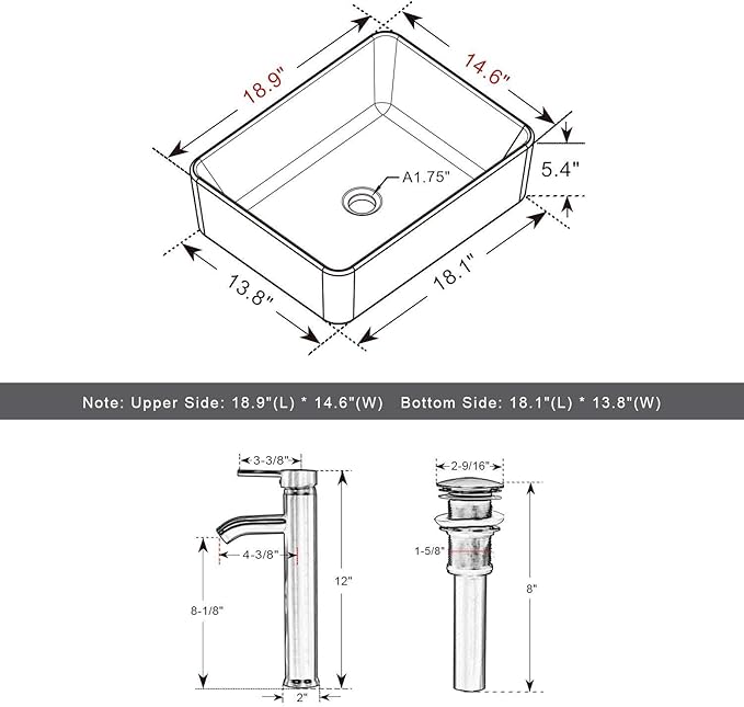 eclife Bathroom Ceramic Sink Bowl Classic White Rectangle Porcelain Vessel Sink and Faucet Combo for Bathroom Countertop Bowl Sink & Chrome Pop Up Drain (T03)