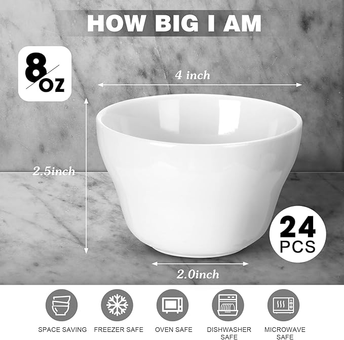 Suclain 24 Pack 8 oz Porcelain Bowls Set Porcelain Bouillon Cups Small Dessert Bowls Soup and Dip Bowls for Ice Cream Dessert Sauce Dipping Salads Cereal Rice, Microwave and Dishwasher Safe, White