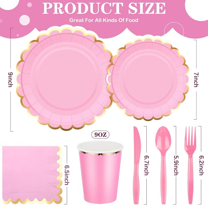 Yaomiao 168 Pcs Pink Dinnerware Sets Pink Plates Disposable Paper Plates Cups - Image 2