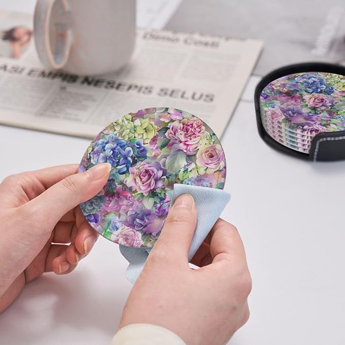 Watercolor Rose Flowers Leather Coasters Set of 6 - Image 5