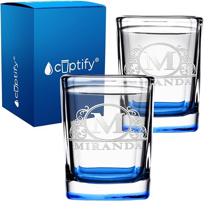 Personalized Glasses Set of 2 Initial and Name 2oz Blue Bottom Etched Square Shot Glass Engraved with Custom Text Birthday Gift for Men and Women