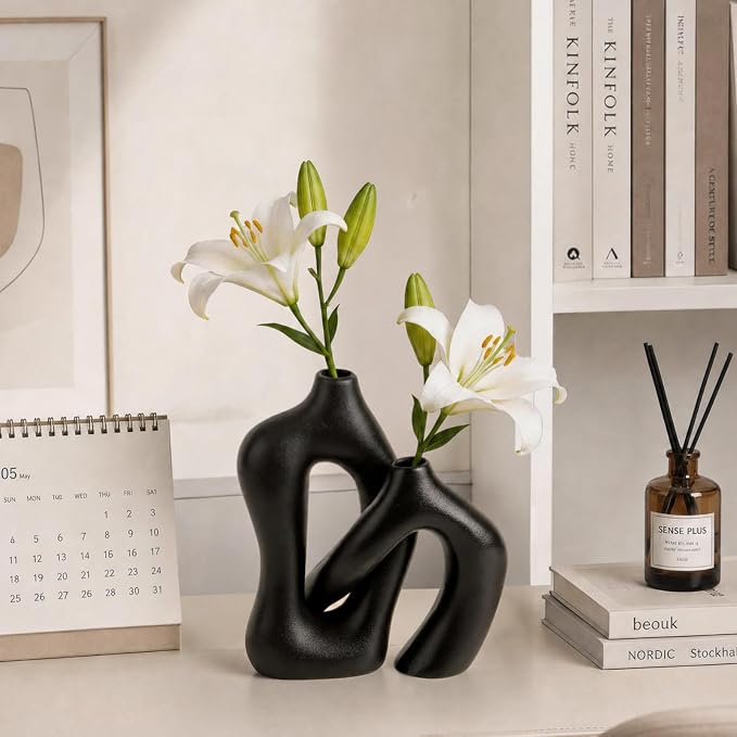 Dowan Black Vases for Decor, Hollow Ceramic Vase Set of 2, 8.3" Nordic Modern - Image 6