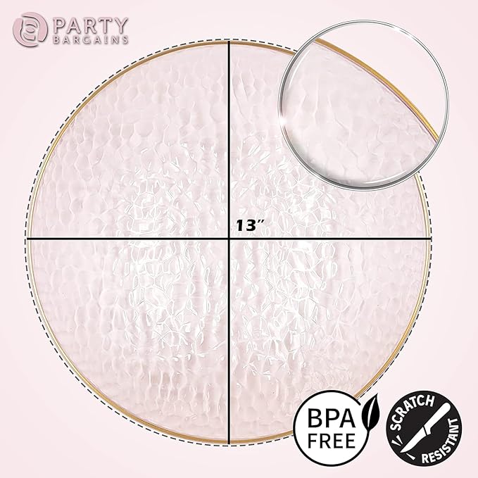 PARTY BARGAINS 13-Inch Charger Plates - 8 Pack, Hammered Pink Gold Rim, Heavy-Duty Disposable Chargers for Elegant Dining - Ideal for Weddings and Formal Events