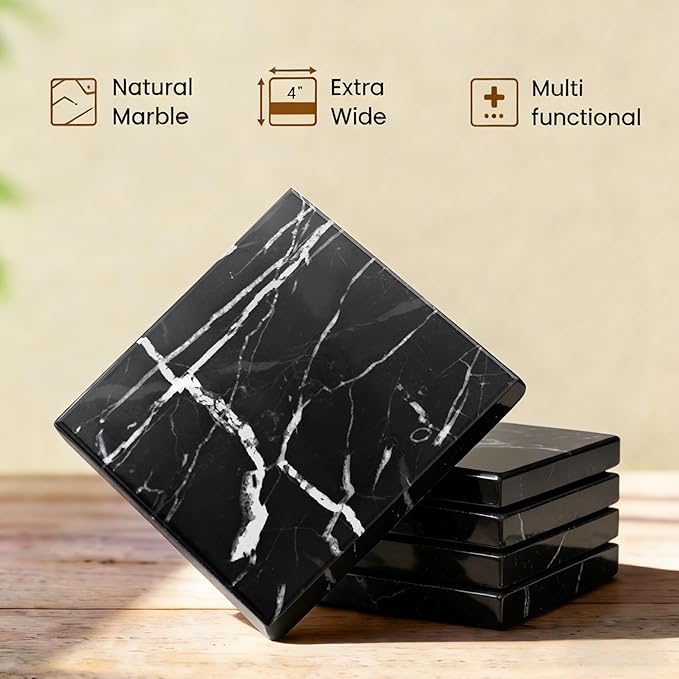 Natural Marble Coasters, Square Costers, Luxury Aesthetic Modern Decor for Coffee Table Bar Kitchen Home, Black Marble, Real Natural Semi Absorbent Stone Coasters