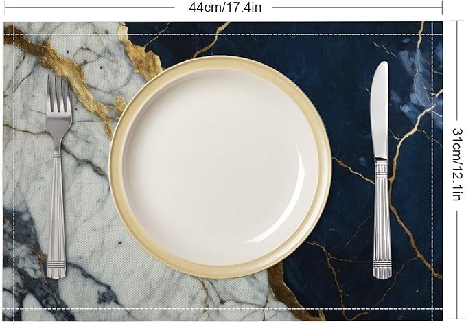 Marble Linen Placemats Set of 4, Modern Abstract Foil Texture White Navy Blue Gold Marble Washable Place Mats, Non Slip Placemat for Home Party Dining Tables Wedding Kitchen Banquets Decor 12x17 Inch